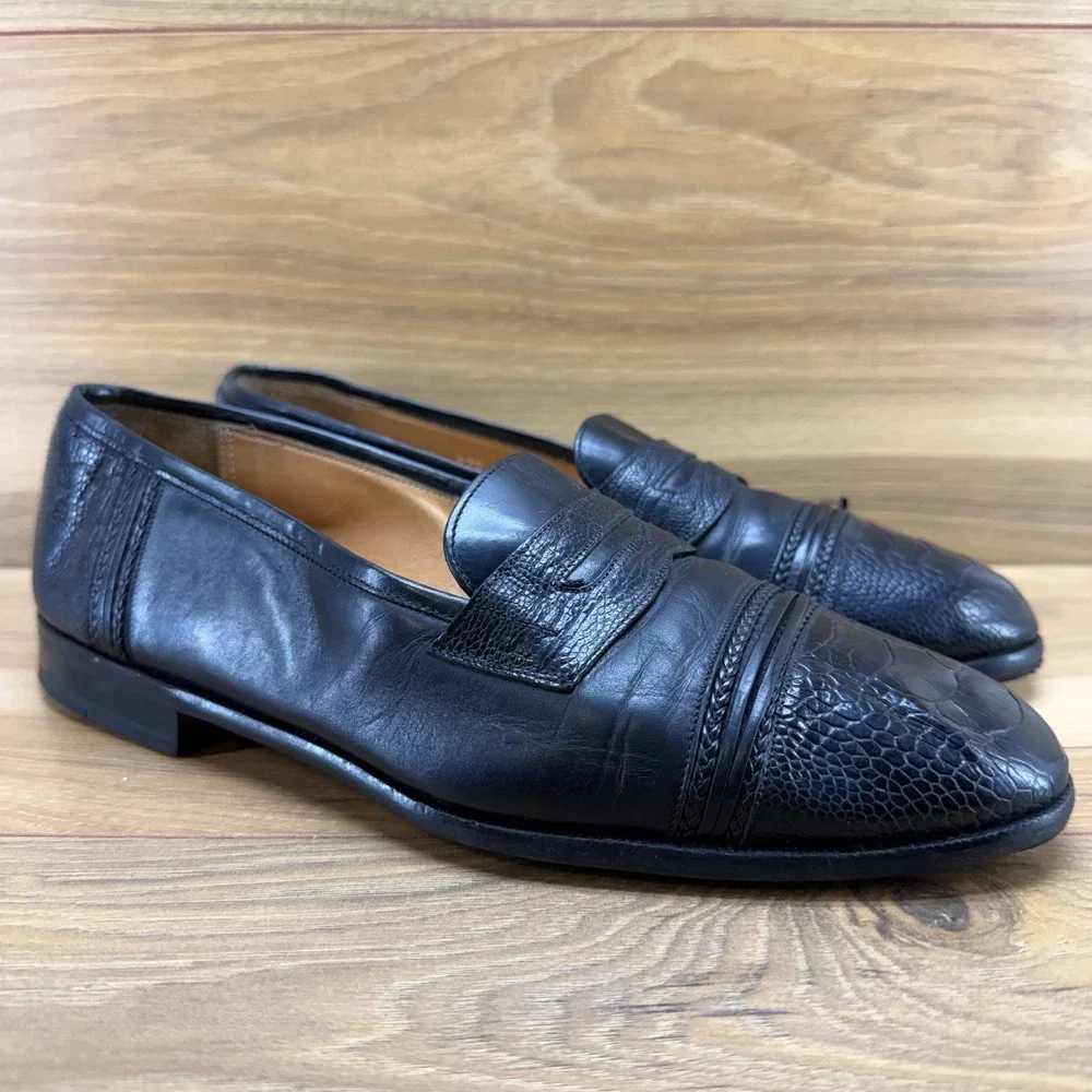 MEZLAN FLAWED Ostrich Leg Penny Loafers Mens 9 M Black Leather Dress Slip On
